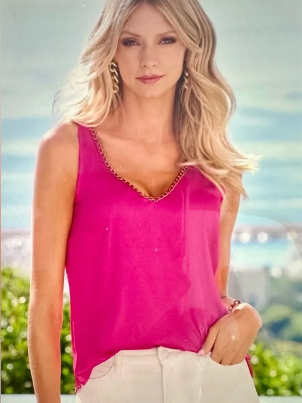 Boston Proper Gold Chain V Neck Camisole Hot Pink Size M
